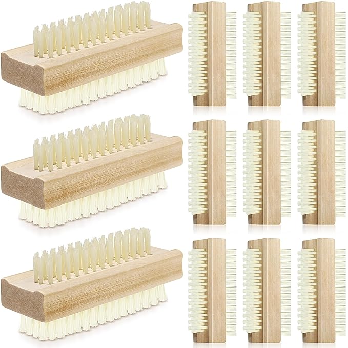 Patelai 12 Pack Wooden Nail Brush Bulk Two-sided Hand Fingernail Brush Non-slip Wood Heavy Duty Stiff Nail Scrubber for Nails and Toes Cleaning, Hand Scrub Brushes for Travel