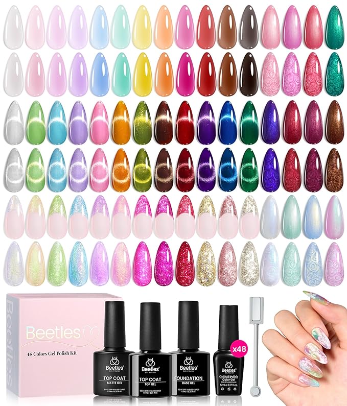 Beetles Spring Gel Nail Polish Set - 53 Pcs 48 Colors Cat Eye Gel Nail Polish Pink Jelly Nude Red Green Blue Glitter Shell Shread Salon DIY Home UV LED Easter Gifts for Women Vivid Moments