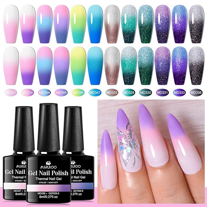 Color Changing Gel Nail Polish Set 12 Colors Temperature Mood Changed Glitter Pink Purple Soak Off UV/LED Nail Art Design Kit Manicure Gifts for Women Girls 8ml
