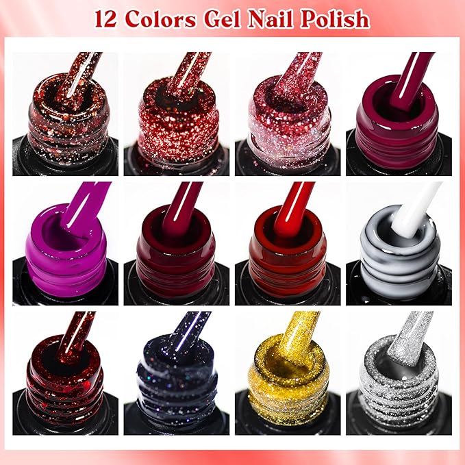 MEET ACROSS 12pcs Gel Nail Polish Set,Soak Off UV LED Lamp Gel Nail Polish Kit,Fashion Shimmer Nail Art Design Gifts for Women Manicure Salon (Red-1)
