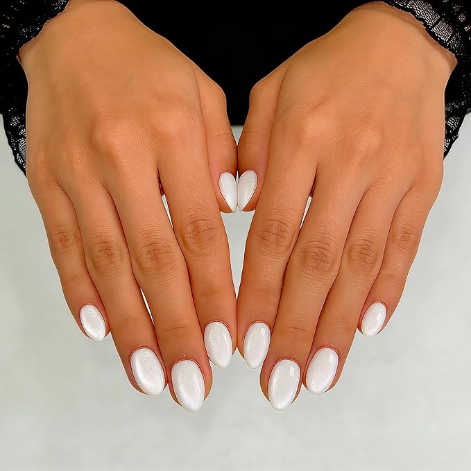 Cat Eye Press on Nails Short, Chrome Press on Nails Oval, Thick Glazed White Fake Nails Press ons for Women, Reusable Magnet Bling Glitter Glue On Nails Almond in 15 Sizes, 30 Pcs