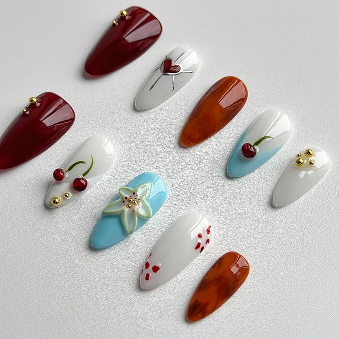 Luxury Press on Nails Medium Almond Handmade 3D Unique Reusable ABS Material Fake Nails French Tip False Nails with Designs Cherry Flower Glossy Heart Glue on Nail Thick Acrylic Nail(S)
