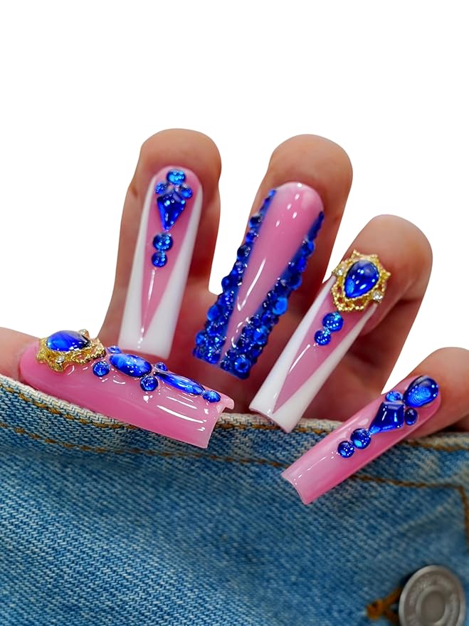 10PCS Pink and Blue Rhinestone Press On Nails – Long Coffin Fake Nails with Large Gem Charms & Glitter Accents, Glossy Reusable Luxury Party Nails for Women and Girls – Euphrosyne