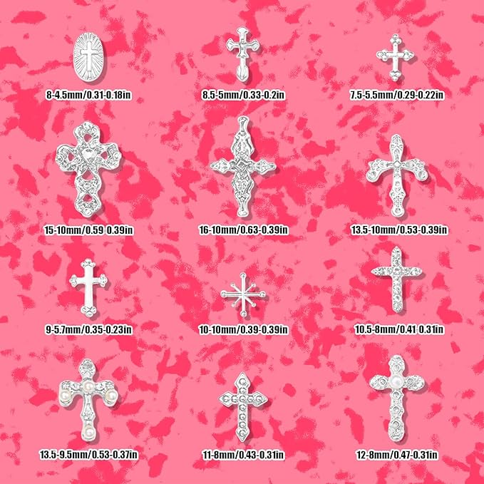 3D Cross Nail Charms for Nail Art, 60 Pcs Metal Crystal Cross Nail Decorations, Alloy Nail Studs and Rhinestones for Women Girl DIY Jewelry Crafts Supplies (Silver C)