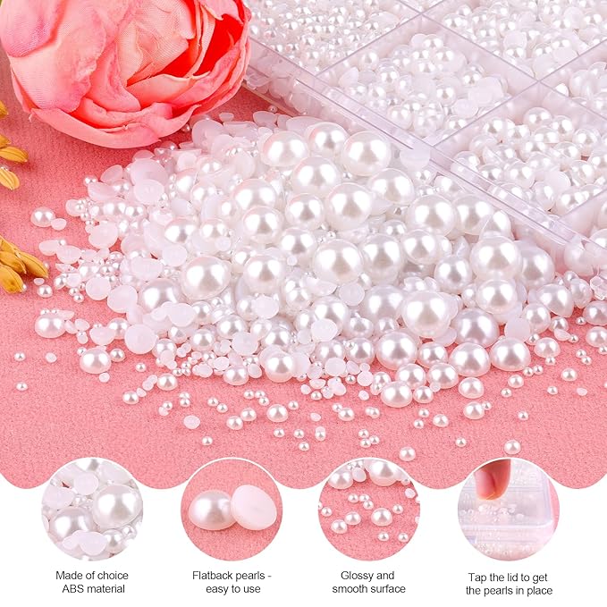 11000Pcs Flatback Pearls for Crafting (White), Assorted Size 2/3/4/5/6/8/10mm Non Hotfix Half Pearl, Bedazzling Bead for DIY Crafts Clothing Tumblers Mugs Shoes Fabric Embellishment Nail Art Makeup