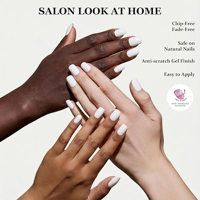White Press On Nails Short Square - No Glue Natural Elegant Acrylic Fake Nail Design for Everyday or Wedding, Easy to Apply & Remove, 24 Nails in 12 Sizes with File