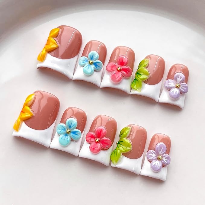 Luxury Press on Nails Short Duck Handmade 3D Unique Reusable ABS Material Fake Nails White French Tip False Nails with Designs Colorful Flower Glossy Glue on Nail Thick Acrylic Nail(S)