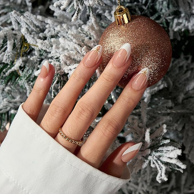 BTArtbox Press On Nails Short - Starlight Frost, 3D Gold French Tip Press On Nails with Glue and Adhesive Tabs for Women in 16 Sizes - 32 Soft Gel Glue On Nails Kit