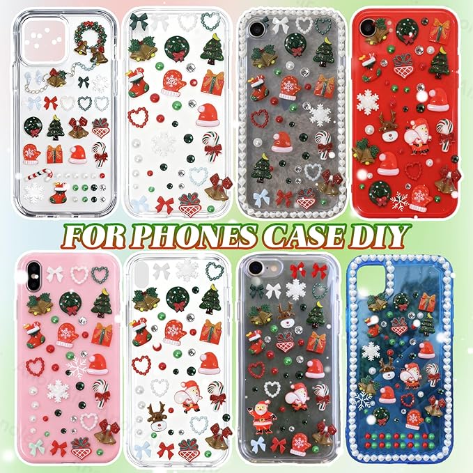 Christmas Junk Case Charms Kit, Christmas Snowman Tree Reindeer Bell Santa Big Charms for Phone Junk Cases, Red Green Pearls and Rhinestones Gems Bedazzling Kit for Crafts Nail DIY Accessories