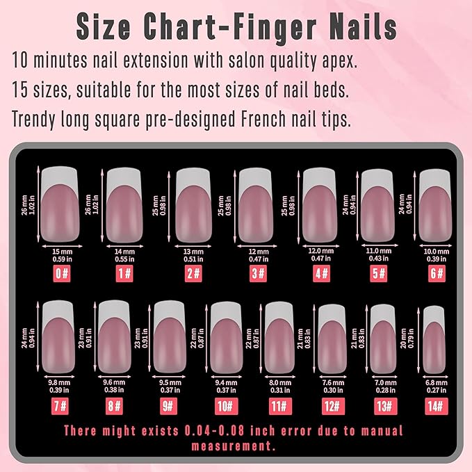 NOVO OVO French Tip Matching Press on Nail tips set, BERRY PINK Square Finger and Square Round Toe Nail Tips kit, Soft Gel Nail Extension, Pre-applied Tip Primer & Matte Base Coat x 15 Sizes 360 pcs