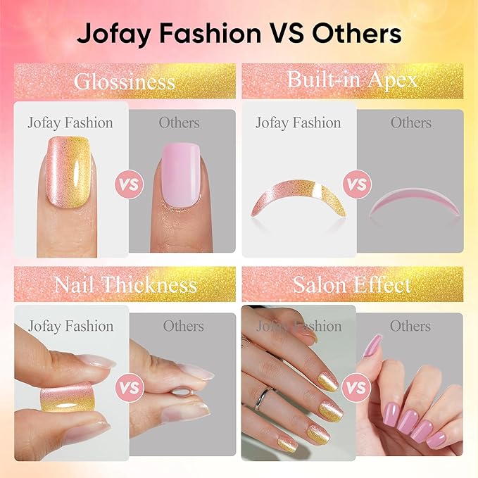 Press on Nails Short, Jofay Fashion Fake Nails, Two-color Ombre Cat Eye Press on Nails, Summer Acrylic False Nails, Reusable Stick on Nails for Women Girls, Glue on Nails Kit 32 Pcs, Sunny Beach