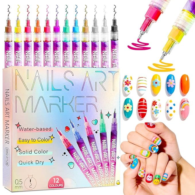 Nail Art Pens, 12 Color 0.5 MM Nail Polish Pens Set Drawing Point Painting Liner Painted Pen Kit, Waterproof Quick Dry Nail for DIY Nails Art Design Manicure Tools