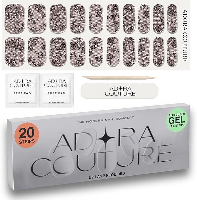 Semi Cured Gel Nail Strips with 20 Pieces - UV Gel Stickers, Manicure Kit, Easy Application Wraps Includes Prep Pads, Nail File, Wooden Stick - UV Light Required (Midnight Lace)