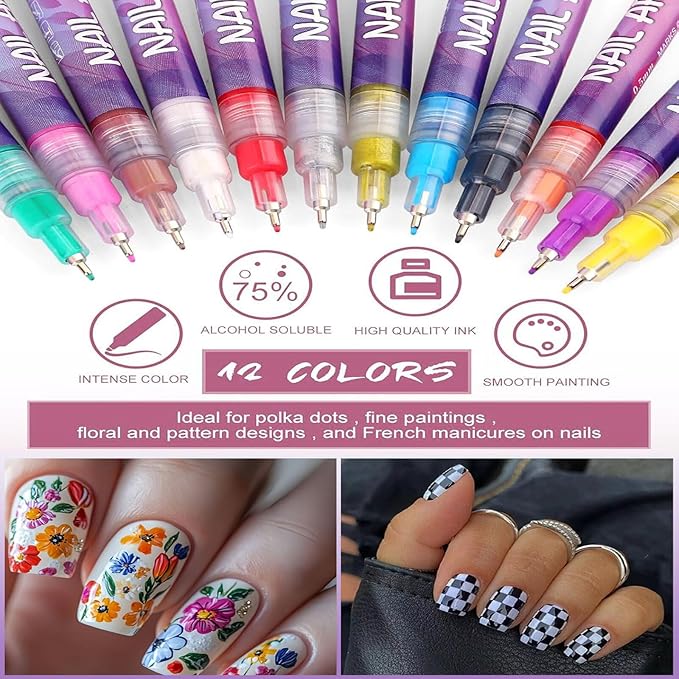 Acrylic paint pen Set Exquisite Nail Polish Pens Nail Point Graffiti Dotting Pen Drawing Painting Liner Brush for DIY Nail Art Beauty Suitable for Ladies and Girls Adorn Manicure Tools 12 Color
