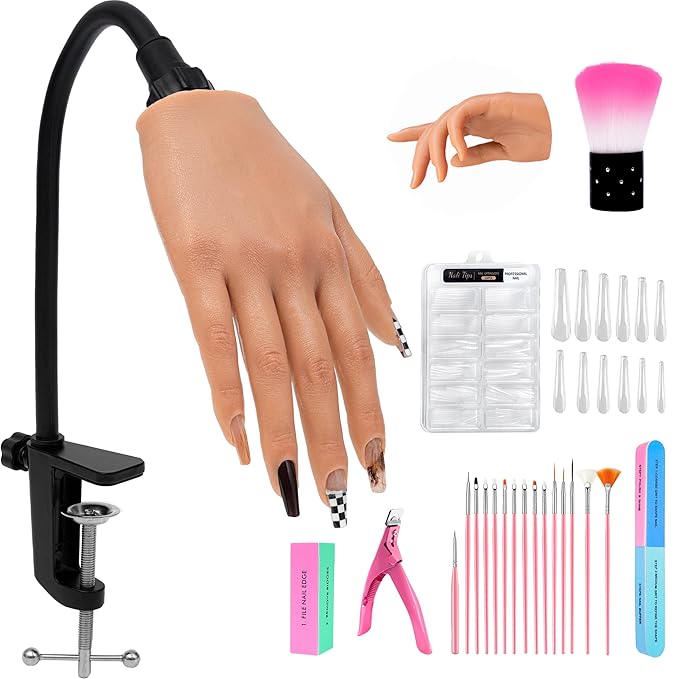 Practice Hand for Acrylic Nails,Realistic Silicone Mannequin Hand with Flexible Fingers for Acrylic Nails, Gel Polish Training, Complete Nail Art Beginner Set with Brush & File