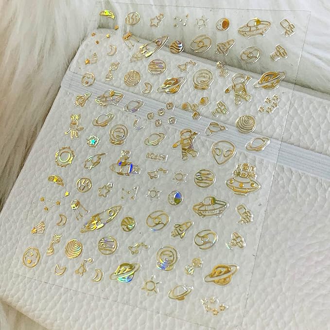 Alien Nail Art Stickers, 3D Planet Astronaut Earth Moon Star UFO Rocket Nail Transfer Decals, Gold Luminous Nail Self-Adhesive Sticker Designs, DIY Resin Nail Decal Manicure Decorations for Women