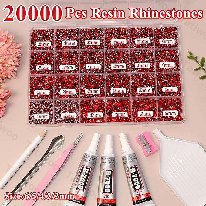 20000Pcs Ruby Red Flatback Jelly Resin Rhinestones for Bedazzling, Mix Sizes Crystal Rhinestones Gems, Ruby Red Gems Bedazzling for Crafting, Flatback Rhinestone for DIY Face Makeup Crafts Tumblers