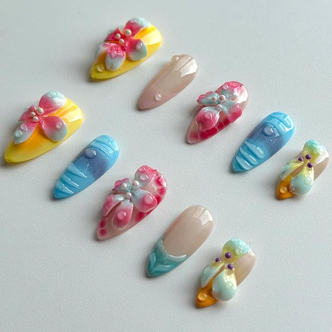 Luxury Press on Nails Medium Almond Handmade 3D Unique Reusable ABS Material Fake Nails French Tip False Nails with Designs Water Drop Flower Summer Glossy Glue on Nail Thick Acrylic Nail(M)