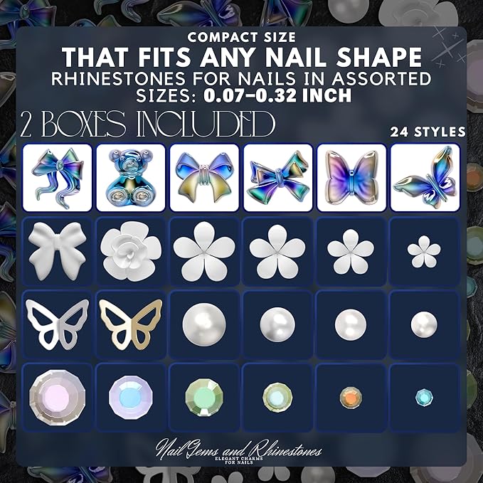 Rhinestones for Nails – Bow Nail Charms 520 Pcs Set with Gems, Butterfly Charms, 3D Flowers & Сrystals – Alloy Jewels for Nail Art, DIY Decorations, Weddings, Party Manicures & Creative Y2K Designs