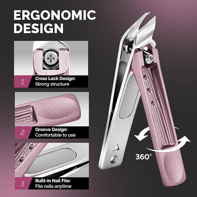 MelodySusie Nail Clippers Set 4 in 1, Ultra Sharp Toenail Clippers with Glass Nail File Cuticle Scissors, Stainless Steel Nail Clippers for Women, Fingernail Clipper Cutter Manicure Set Gifts, Pink