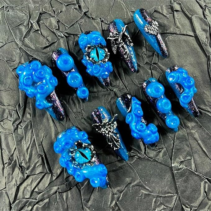 Press on Nails Handmade Nails 10Pcs Blood Style Hand Carved Blue Eyes Manual Press on Nails for Women Party Holiday Photo 33mm Long Size M