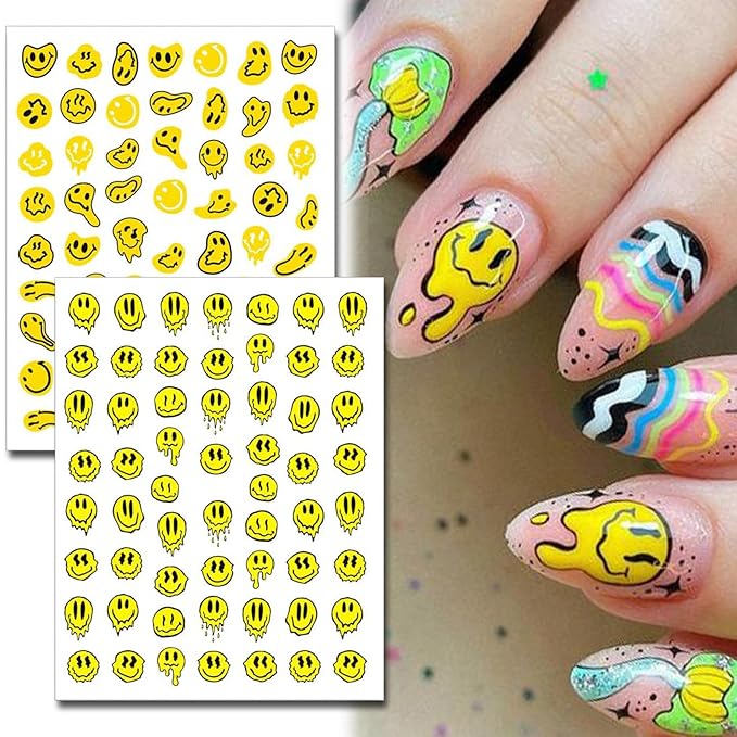 12 Sheets Abstract Smiling Face & Evil Eye Nail Art Stickers, Summer 3D Funny Dripping Melting Smile Self-Adhesive Designs Nail Decals