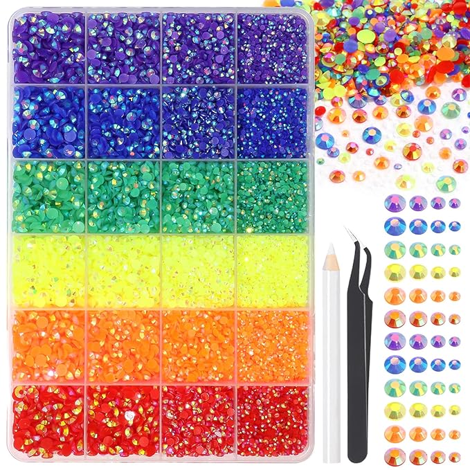 BELICEY 24000Pcs Rainbow Rhinestones for Nails - Flatback Resin Crystal Round Beads Gems Multi Sizes - 3D Crystals for Nail Art DIY Crafts Clothes Shoes Jewelry