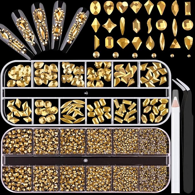 1680Pcs Mineral Gold Glass Nail Rhinestones 180Pcs Multi Shapes Flatback Nail Gems + 1500Pcs 1.5-4mm Round Crystal, Manicure Nail Charms Diamond Gemstones for Acrylic Nails Decoration