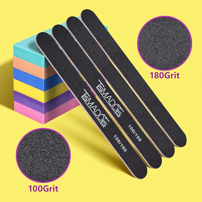 TsMADDTs Nail Files and Buffers Set with 6 pcs Rectangular Buffers and 6 pcs Black 100 180 Grit Files, Professional Nail Care Tools Kit for Women and Girls