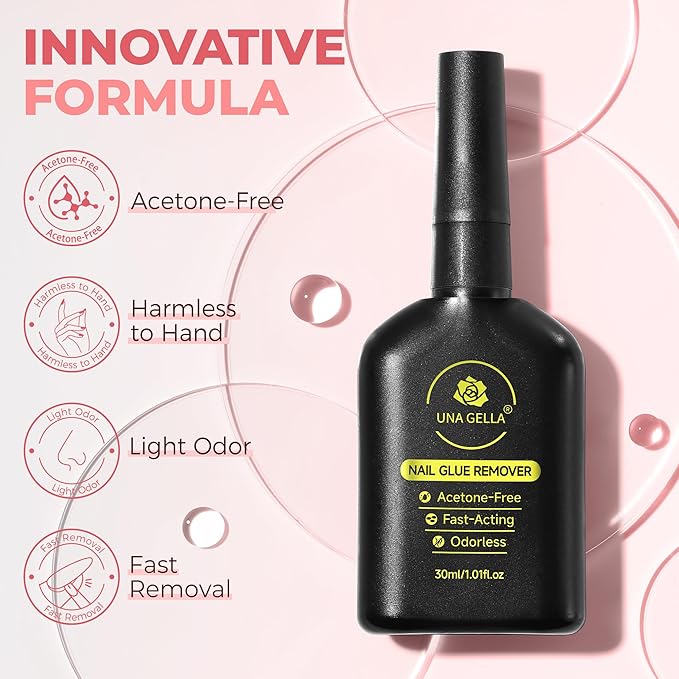 UNA GELLA Press On Nail Glue Remover Built-in-crowbar 30ML Acetone-Free Gentle Soak Off Gel Nail Glue Polish Remover for Nail Tip Adhesive Glue Easily Home DIY Not for U/V Nail Polish