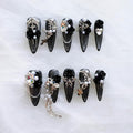 Luxury Long Stiletto Press-On Nails, 3D Black Roses with Silver Glitter, Pearl and Rhinestone Decorations, Handmade False Nail 10 Pieces (XS, LS)