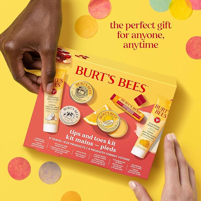 Burt's Bees Valentine's Day Gifts Ideas, Tips and Toes Kit, 6 Travel Size Products - Pomegranate Moisturizing Lip Balm, 2 Hand Creams, Foot Cream, Cuticle Cream, and Hand Salve