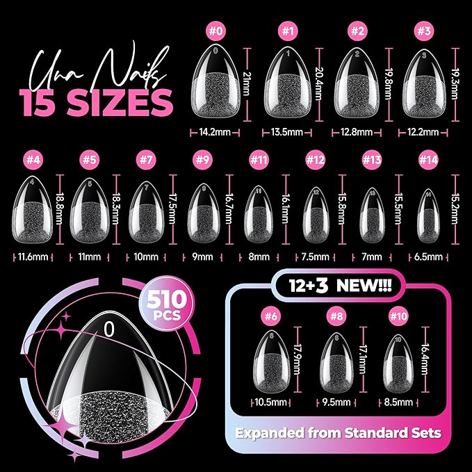 UNA GELLA Short Almond Nail Tips, 510Pcs 15 Sizes Pre-Etched Soft Gel Nail Tips Almond Shape Half Matte Full Cover Clear Fake Nails Extensions for DIY & Salon Manicure Soak Off