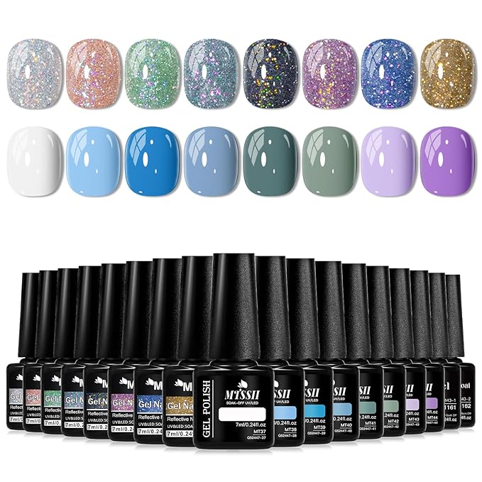 MTSSII Glitter Gel Nail Polish 18 Pcs Blue Purple Green White Gel Nail Polish with Base Gel Set Pink Blue Black Reflection Glitter Polish Kit for DIY Nail Art Women Gifts