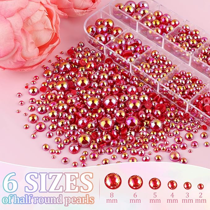 Flatback Pearls for Crafting with 3Pcs 10ml B7000 Jewelry Glue, 2 Boxes of Half Round Red AB Pearls, Bedazzling Beads for DIY Crafts Clothing Tumblers Shoes Embellishment Nail Art
