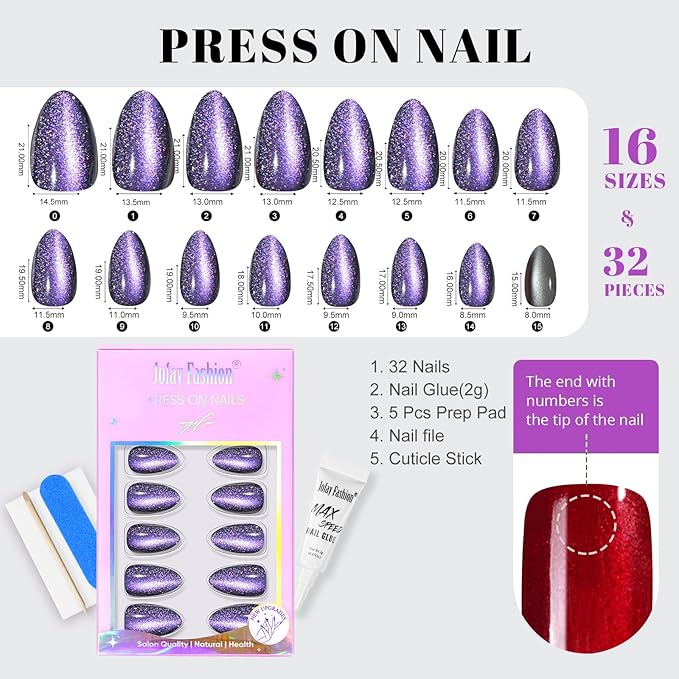 Cat Eye Press on Nails Short, Jofay Fashion Stylish Purple Press on Nails Almond, Soft Gel Fake Nails, Reusable & Natural Acrylic False Nails, Stick on Nails for Women Gift, Glue on Nails Kit 32 Pcs