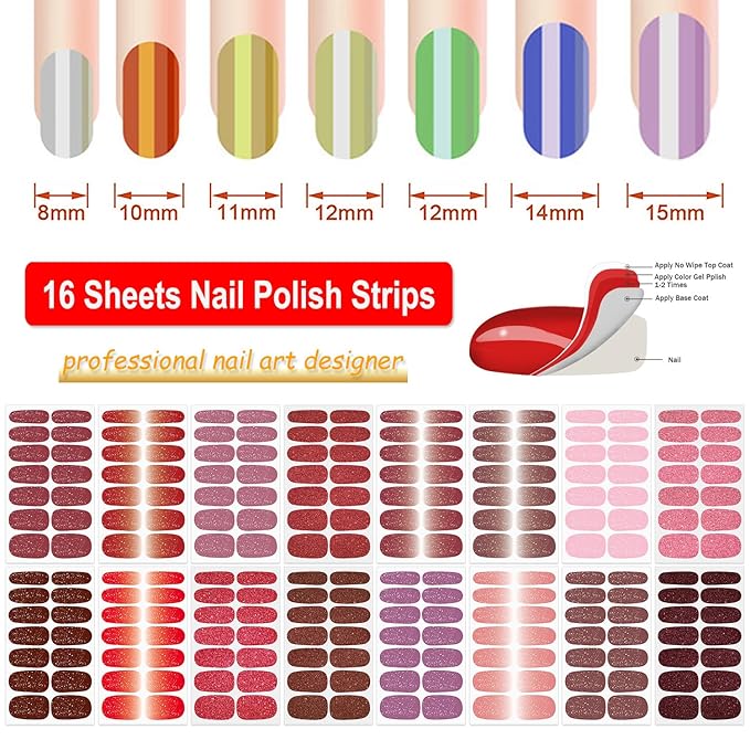 DANNEASY 16 Sheets Nail Polish Stickers Full Nail Wraps for Women Gradient Color&Glitter Fingernails Wrap Adhesive Nail Polish Strips Gel Nail Strips with File, Cuticle Stick