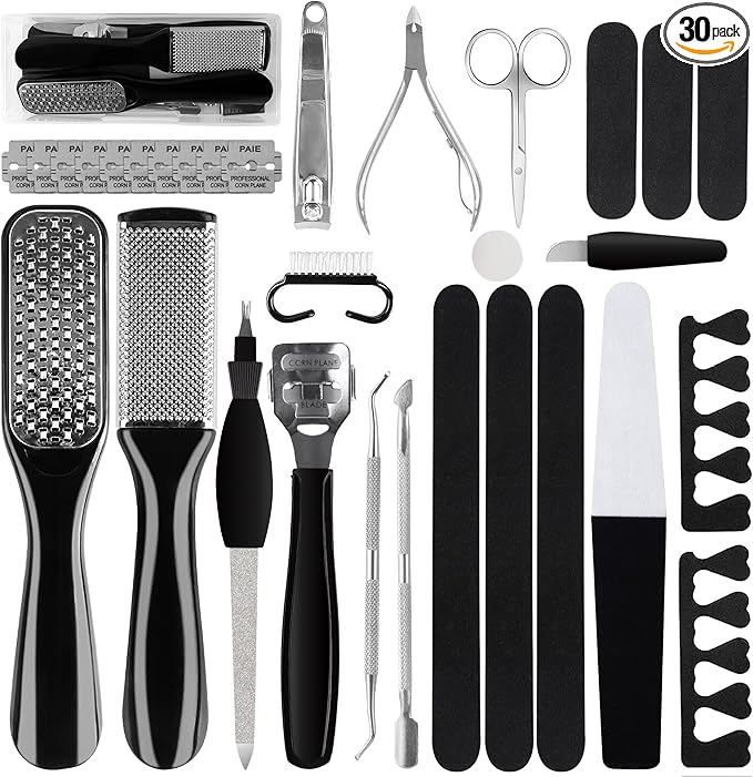 Professional Manicure and Pedicure Tool Kit Professional Exfoliation Foot File Set for Women and Men at Home Or Travel Or Salon to Foot Care (BlackB-30PCS)