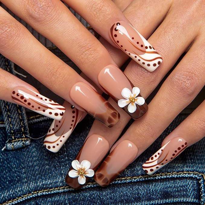 LOVFUL Short Press on Nails Latte Art | Handmade Acrylic Press ons| Reusable Fake False Nails | Square Classic Regular 1.3in | H667-M