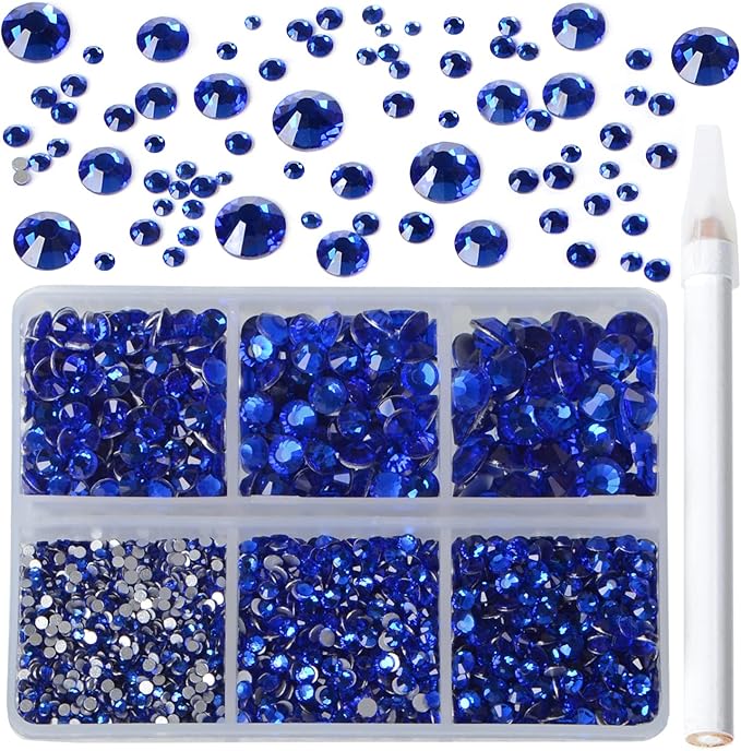 Bymitel 5000 Pieces 6 Mixed Sizes Glue Fix on Glass Rhinestones Round Crystal Gems Flatback for DIY Jewelry Making with one Picking Pen (6-Sizes 5000PCS, Sapphire)
