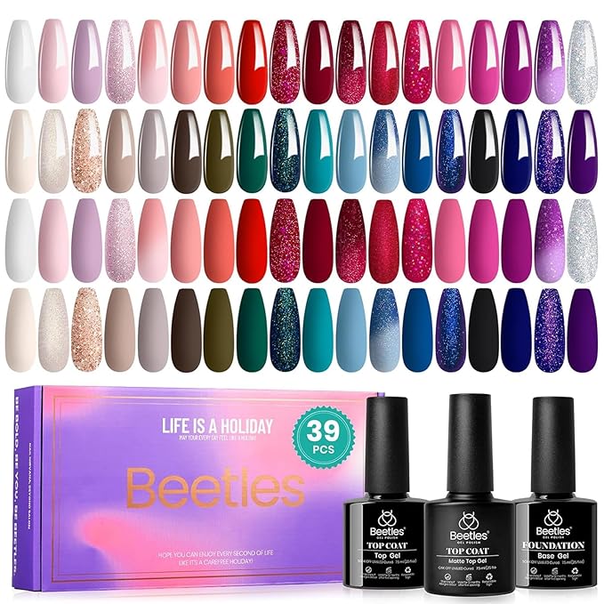 beetles Gel Polish Set 39Pcs Red Burgundy Blue Green Nude Pink Purple Gel Nail Polish with Base Top Coat for Manicure Lovers DIY at Home UV LED Needed Gift for Women Enchanted Jewelry