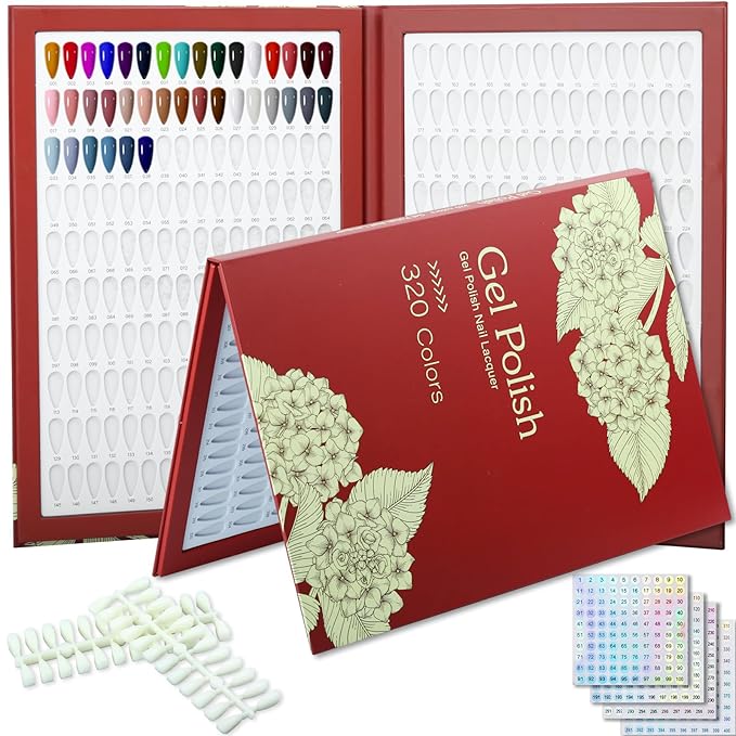 320 Nail Color Chart Book,Nail Color Display Book with 480 Nail Tips & 1-400 Number Labels,Professional Nail Color Swatches Book for UV Gel Polish Nails Art Design(Red)