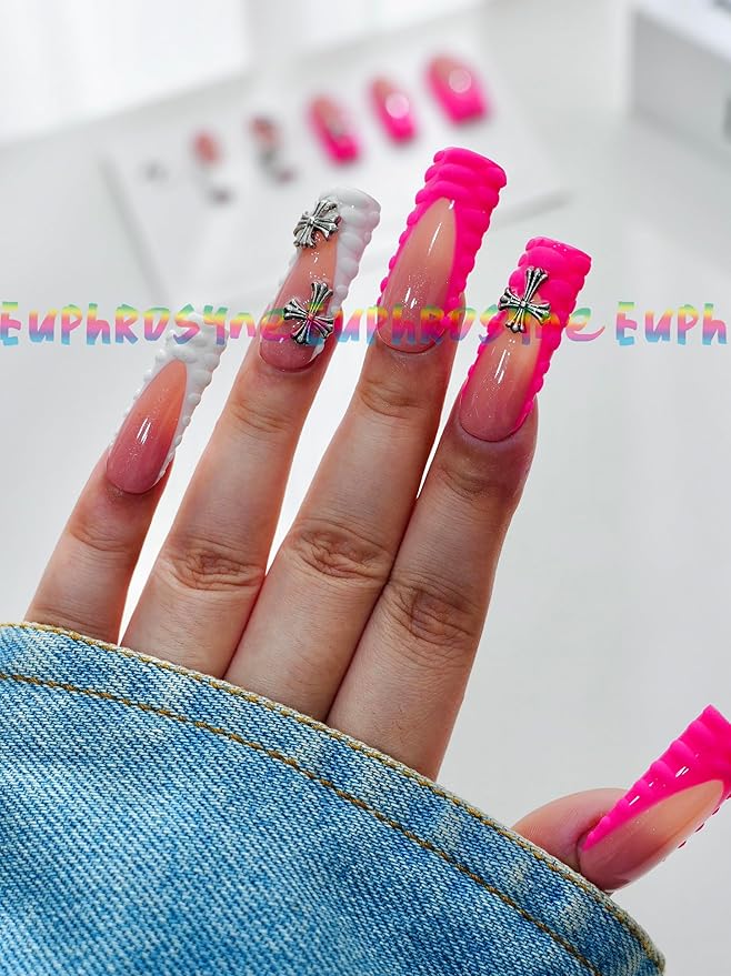 Euphrosyne Gothic Y2K Press On Nails – 10pcs Long Pink and White Square Fake Nails with 3D Cross Charms & Textured Tips