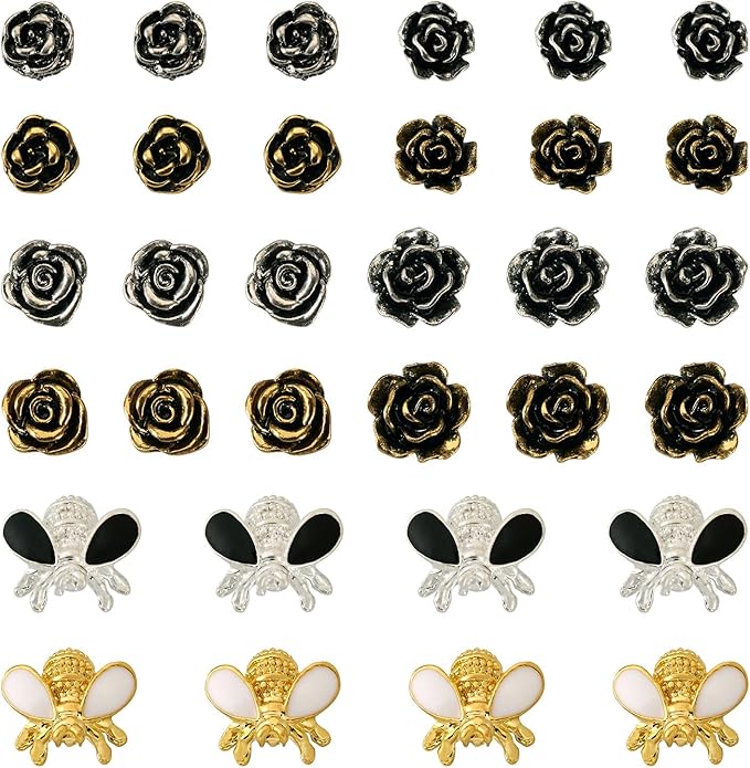 Craftdady 60Pcs Alloy Enamel Bee Rose Nail Art Cabochons Antique Flower Nail Charms Flatbak Metal Nail Beads for Nail Art Scrapbooking DIY Hair Clip Crafts Jewelry Making Supplies