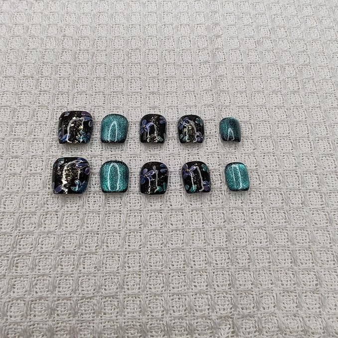 Handmade Nails Square Shape Cool Chic Style Black Base Blue Floral Patterns Glitter Embellishments Smooth Glossy Surface Fashion Manicure Easy Wear Press on Nails 10 pcs (S)