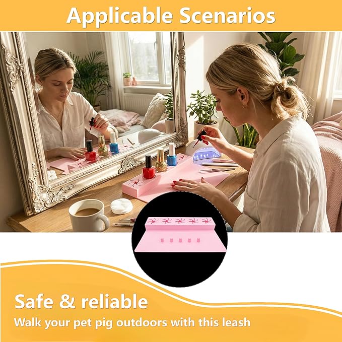 Silicone Nail Polish Holder and Mat, Anti-Spill Bottle Stand with 5 Slots, Manicure Hand Rest with Finger Separators, DIY Nail Art Station Organizer for Painting Nails, Pink