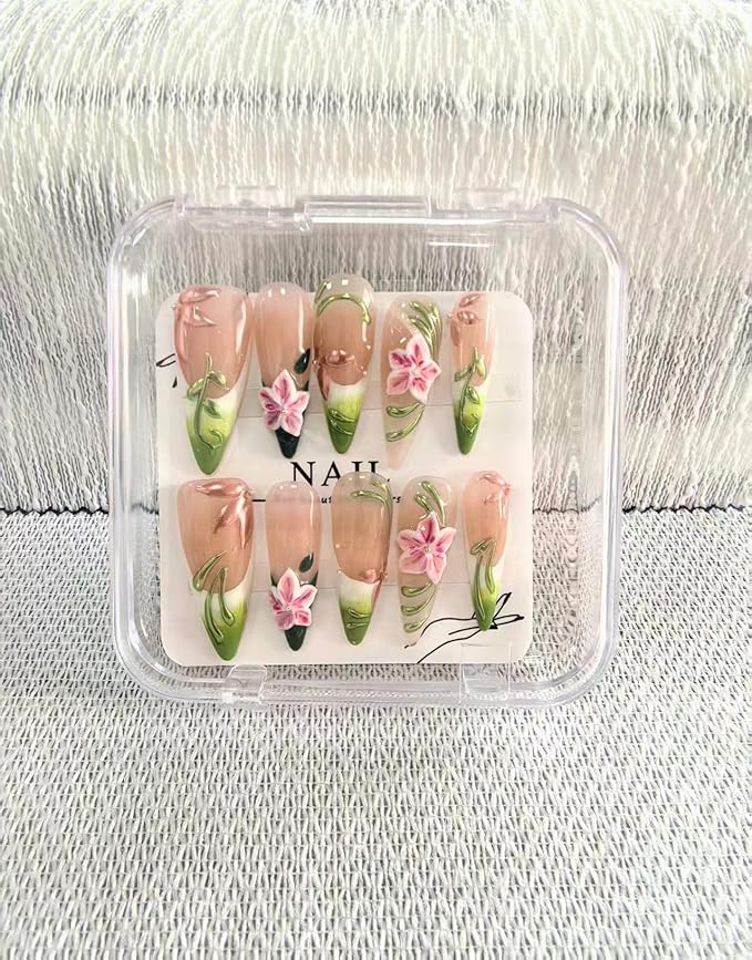 Handmade Press on Nails Long Stiletto False Nails French Tip Fake Nails with 3D Flower Designs Sparkly Green luxury Artificial Nails Reusable for Women 10pcs (Size M）