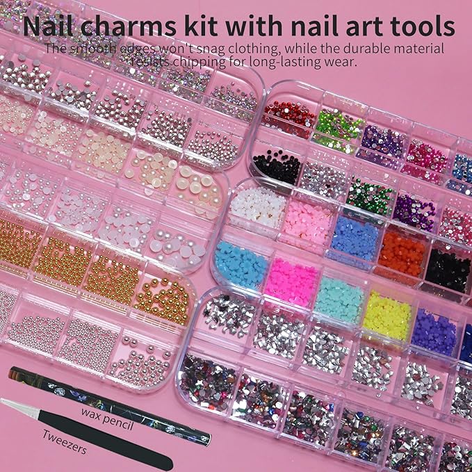 Nail Charms Kit with 30 Sheets Flower Nail Stickers,Colorful Heart Flower Bow 3d Nail Rhinestones And Gems,Nail Pearls Jewels,Tweezer and Wax Pen Art Tools for DIY Design (White And MixColors)