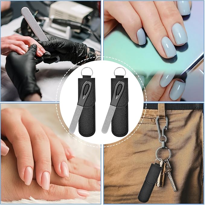 Metal Nail File with Case, 2 Pack Keychain Nail Files for Natural Nails, Fingernail Files Diamond Round Tip Stainless Steel Double Sided Fine Grit Sapphire Filer with Leather Sheath Travel Black