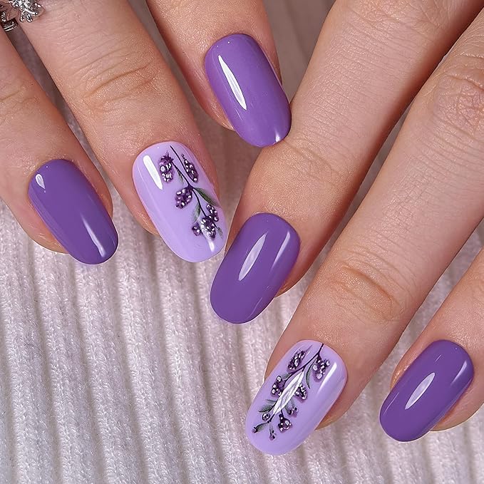 Curvlife Tip Press on Nails Acrylic Fake Nails with Design Full Cover False Nails for Women Reusable Nail Kit with Nail Glue Adhesive Tabs Nail File (Purple orchid, Medium)